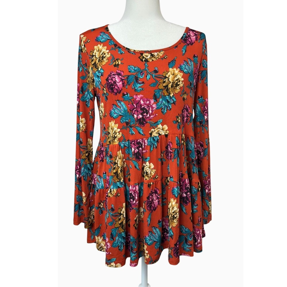Be Stage Women's M Rust Orange Floral Tiered Babydoll Tunic Top Made in USA